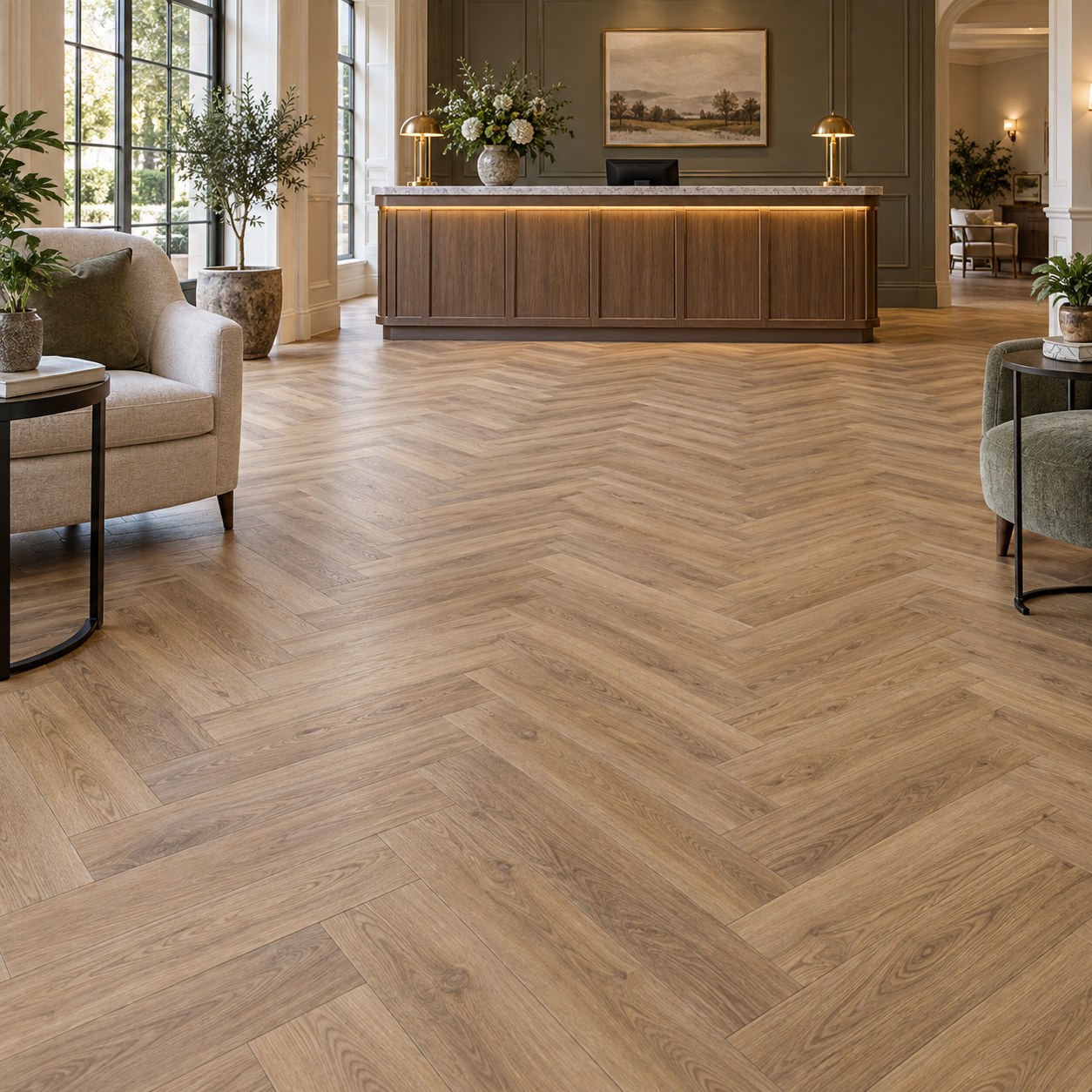 Illustrative hotel reception with timber-effect flooring and a welcoming seating area
